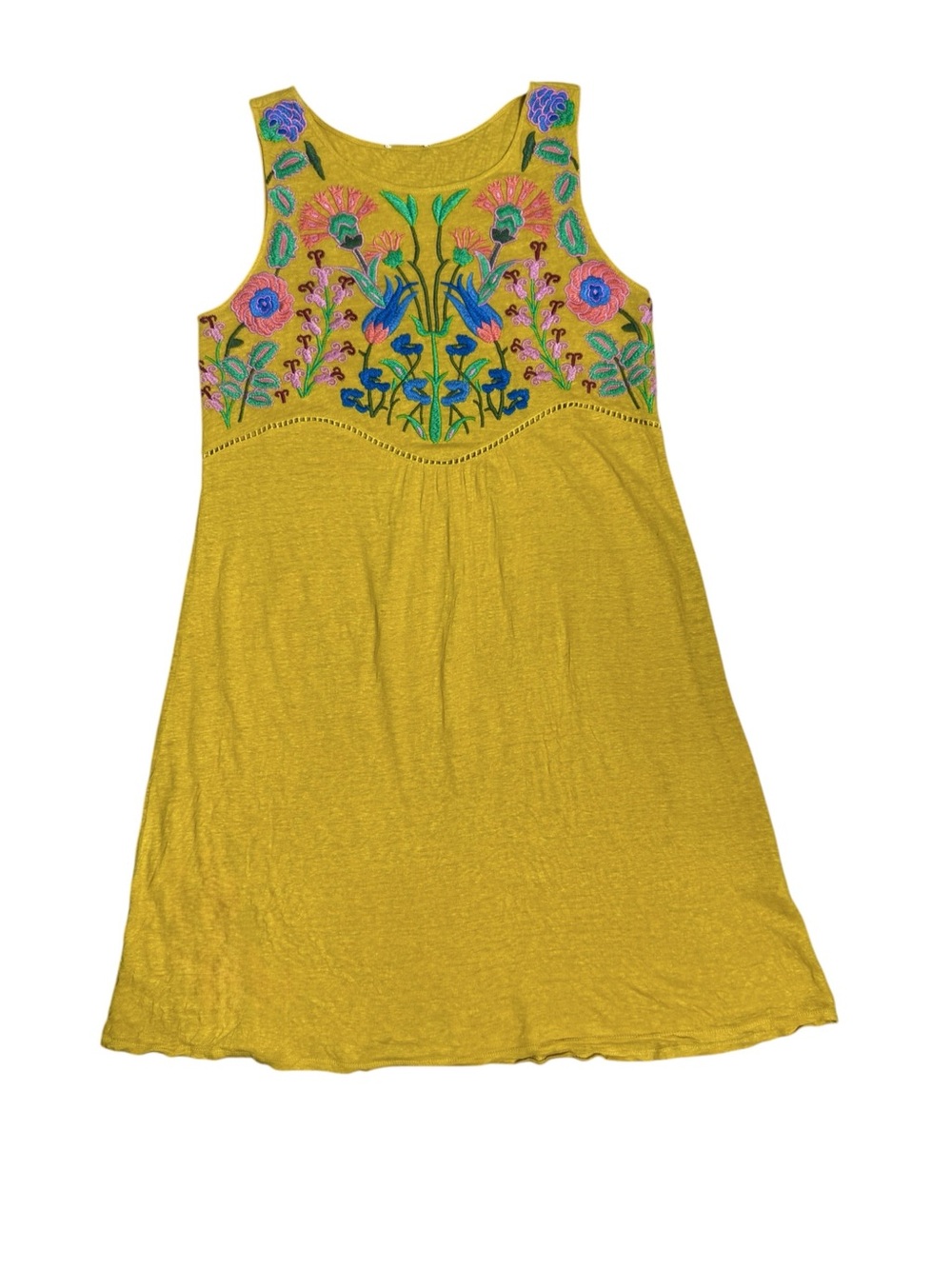 Sundance Linen Embroidered Floral Boho Dress XS Mustard Yellow Folk Art - Picture 2 of 6